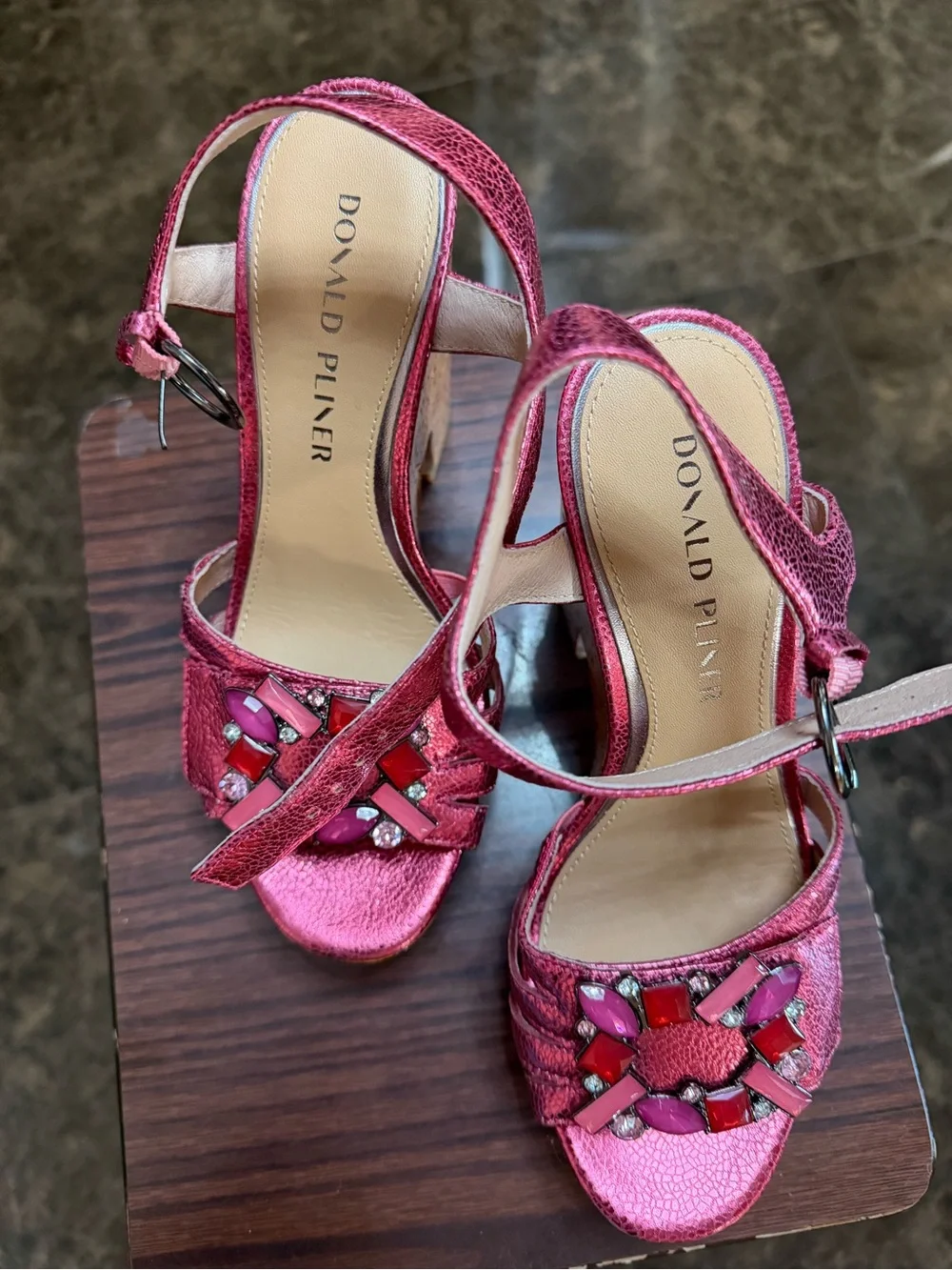 Donald J. Pliner Metallic Pink Jeweled Platform Sandals